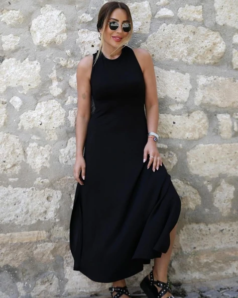 Kadın Arkadan çapraz Detay Yuvarlak Yaka Maksi Viskon Elbise - Resim 3