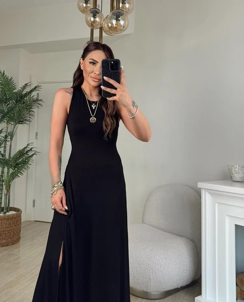 Kadın Arkadan çapraz Detay Yuvarlak Yaka Maksi Viskon Elbise - Resim 7