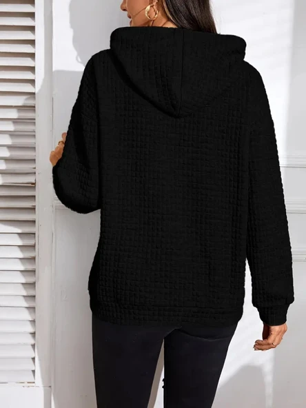 Kadın Uzun Kollu Kapşonlu Bağcıklı Cepli Capitone Sweatshirt - 5