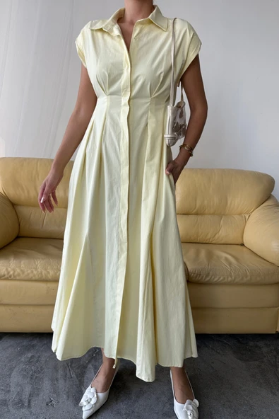 KOLSUZ VATKALI ÖNDEN DÜĞMELİBEL PENS DETAYLI POPLİN ELBİSE - Sarı - Resim 2