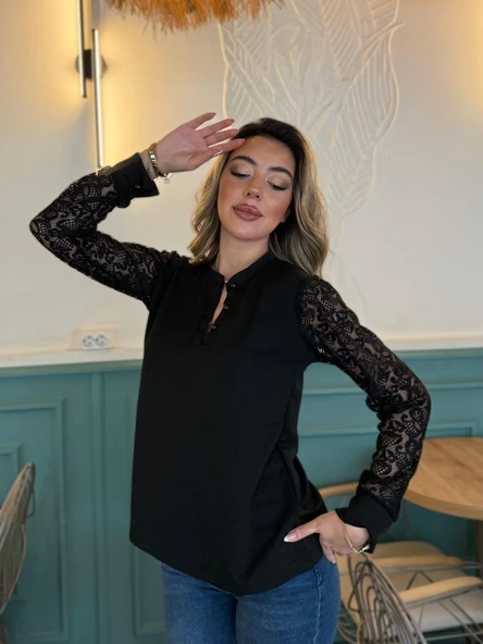 Kadın Uzun Kollu Kolları Dantelli Hakim Yaka Krep Bluz ürün görseli