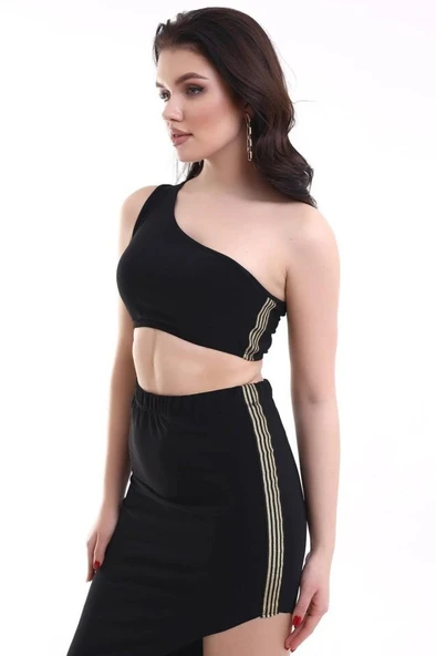 Kadın Tek Omuzlu Asimetrik Etek Şerit Detaylı Fırsat Ürün Sandy Kumaş İkili Takım - Resim 3