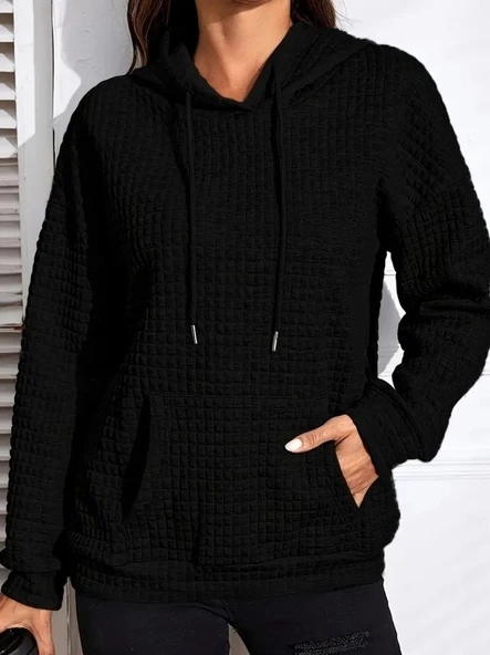 Kadın Uzun Kollu Kapşonlu Bağcıklı Cepli Capitone Sweatshirt - 3
