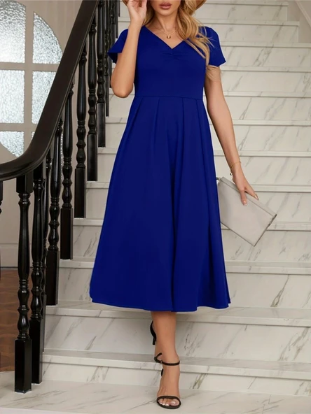 Kadın Kısa Kollu V Yakalı önden Pileli Midi Janjan Krep Elbise - Resim 3