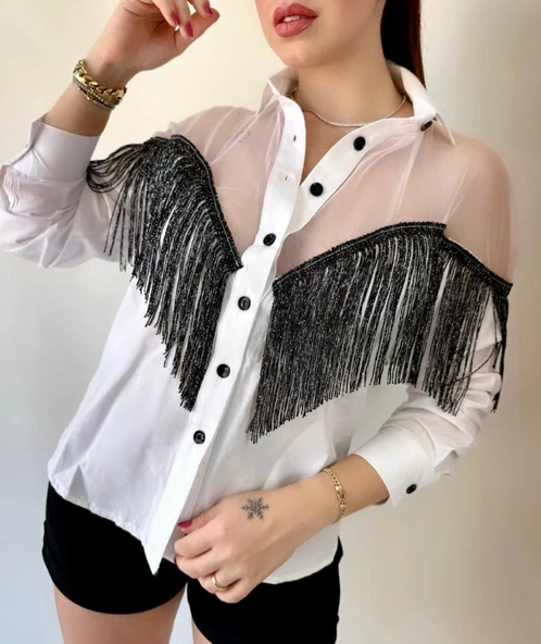 Kadın Püskül Detay Poplin Gömlek Bluz Fırsat Ürün - Resim 6