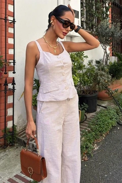 Kalın Askılı Bluz Pantolon Keten Takım 10187 - Resim 2