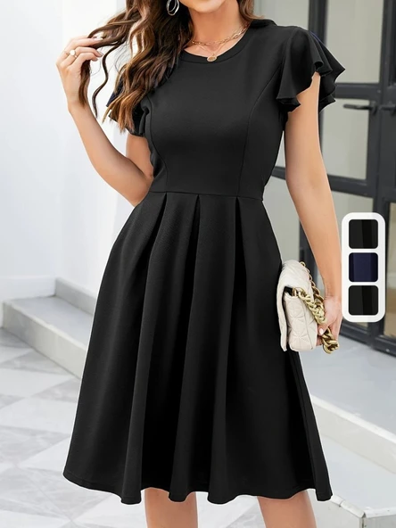 Kadın Kelebek Kollu Bisiklet Yakalı Pileli Ithal Krep Elbise - Resim 4