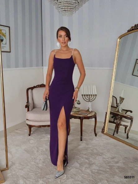 Kadın Omuz Askılı Derin Yırtmaç Detay Maxi Boy Elbise - Resim 10