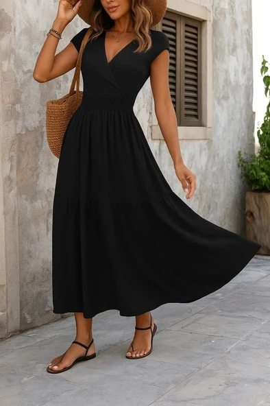 Kadın Kısa Kollu Kruvaze Yaka Beli Lastikli Süprem Maksi Boy Elbise ürün görseli