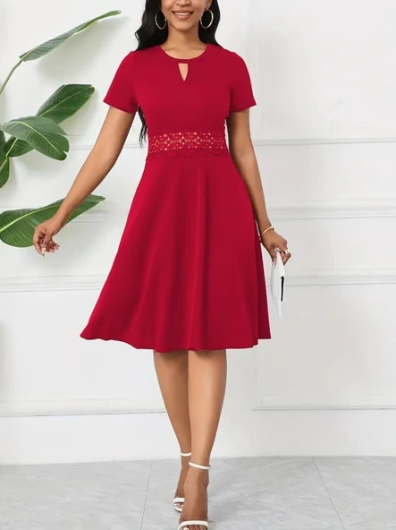 Kadın Kısa Kollu Yuvarlak Yaka Damla Detaylı Janjan Elbise - Resim 9