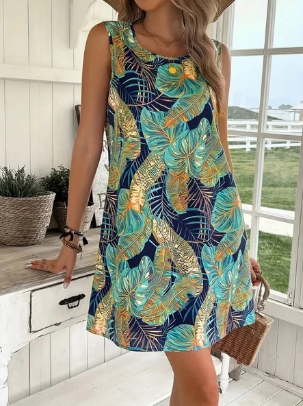 Kadın Sıfır Kollu Yuvarlak Yaka Desenli Süprem Elbise - Resim 7