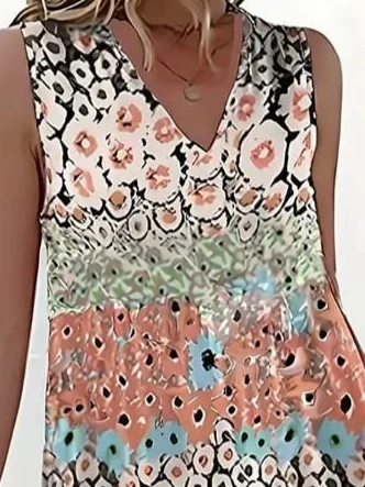 Kadın Kolsuz V Yaka çiçek Desenli Süprem Elbise - Resim 8