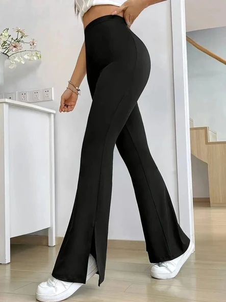 Kadın Yüksek Bel Paçaya Doğru Genişleyen Yandan Yırtmaçlı Dalgıç Pantolon - Resim 13