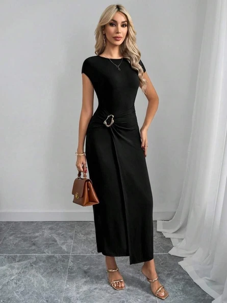 Kadın Yarım Ay Kollu Yuvarlak Yaka önünde Toka Detaylı Modal Maxi Elbise - Resim 3