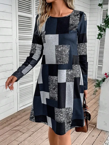 Kadın Uzun Kollu Yuvarlak Yaka Geometrik Süprem Elbise - Resim 3