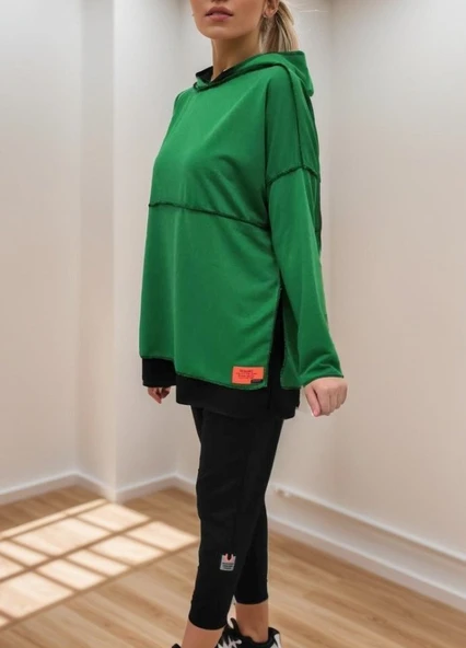 Kadın Yeşil Kapşonlu Etek Ucu Detay Arma Ters Dikiş Gorunumlu Ikili Takım - Resim 21