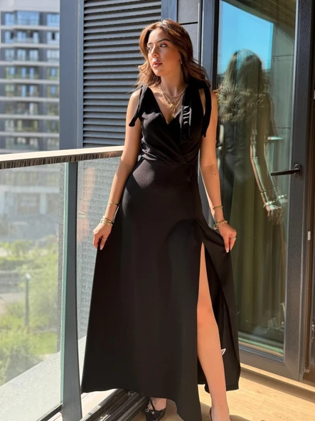 Kadın Askılı Omuzdan Bağlamalı Kruvaze Yakalı Uzun Yırtmaçlı Janjan Krep Elbise - Resim 7