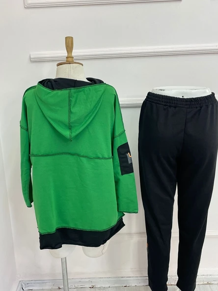 Kadın Yeşil Kapşonlu Etek Ucu Detay Arma Ters Dikiş Gorunumlu Ikili Takım - Resim 19