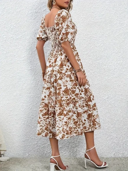 Kadın Kısa Kollu Kare Yakalı Lastikli Desenli Süprem Elbise - Resim 12