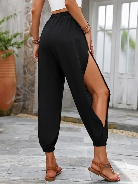 Kadın Yüksek Belli Yanlardan çapraz Detay Yırtmaçlı Viskon Pantolon - Resim 7