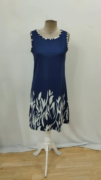 Kadın Askılı Yuvarlak Yakalı Yaprak Desenli Dalgıç Elbise - Resim 12