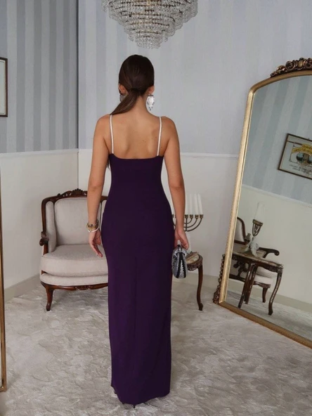 Kadın Omuz Askılı Derin Yırtmaç Detay Maxi Boy Elbise - Resim 14