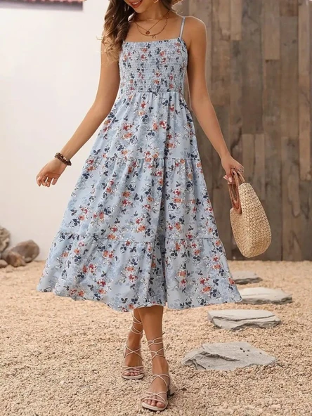 Kadın Ip Askılı Geniş V Yakalı Desenli Uzun Süprem Elbise - Resim 5