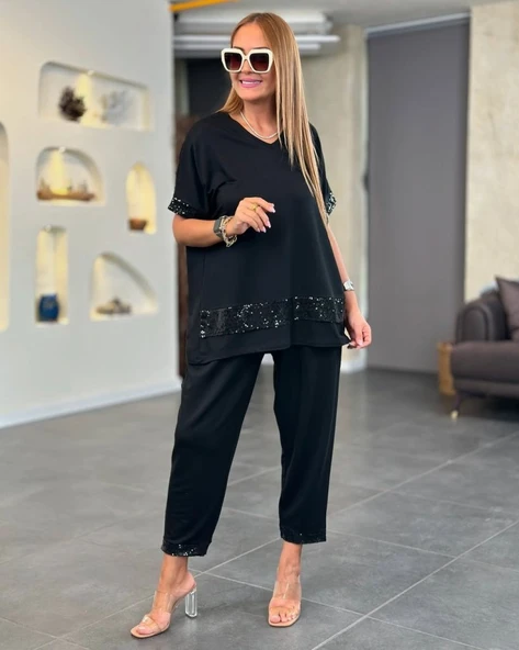 Kadın Kısa Kollu V Yakalı Pul Payetli Viskon Iki Iplik Bluz Ve Pantolon Ikili Takım - Resim 2