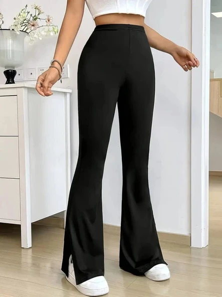 Kadın Yüksek Bel Paçaya Doğru Genişleyen Yandan Yırtmaçlı Dalgıç Pantolon - Resim 3