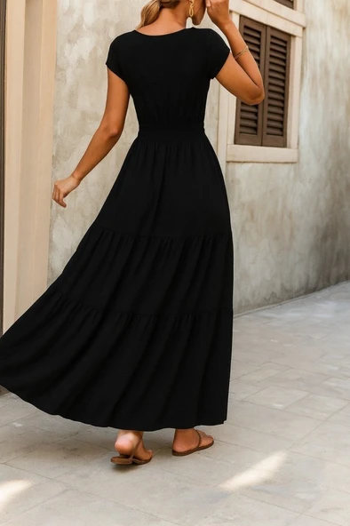 Kadın Kısa Kollu Kruvaze Yaka Beli Lastikli Süprem Maksi Boy Elbise - Resim 2