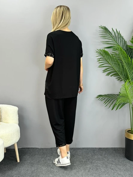 Kadın Kısa Kollu V Yakalı Pul Payetli Viskon Iki Iplik Bluz Ve Pantolon Ikili Takım - Resim 6