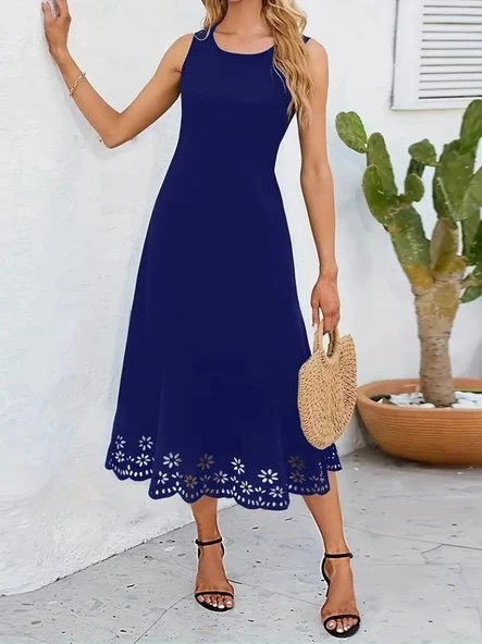 Kadın Kolsuz Etek Ucu Lazer Kesim çiçek Desenli Midi Boy Ithal Krep Elbise - Resim 7