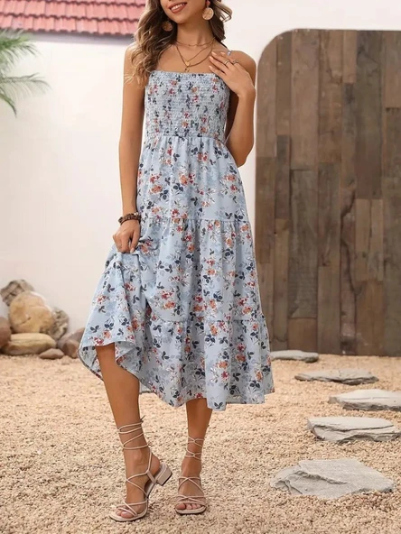 Kadın Ip Askılı Geniş V Yakalı Desenli Uzun Süprem Elbise - Resim 6