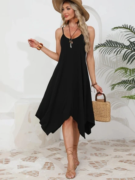 Kadın Ip Askılı Yuvarlak Yakalı Asimetrik Kesim Viskon Elbise - Resim 4