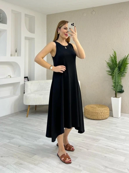 Kadın Askılı Yuvarlak Yakalı Asimetrik Kesim Detaylı Viskon Elbise - Resim 4