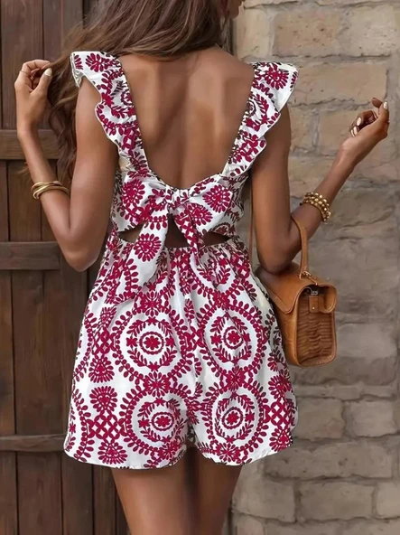 Kadın Askılı Kare Yakalı Arkadan Bağcıklı Desenli Keten Tulum - Resim 7