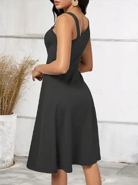 Kadın Tek Omuzu şerit Detaylı Kolsuz Yandan Düğme Detaylı Janjan Krep Elbise - Resim 2