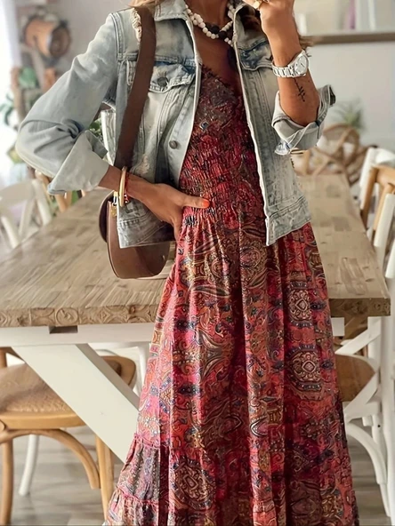 Kadın Kısa Kollu Kruvaze Yakalı Desenli Maksi Boy Süprem Elbise - Resim 6