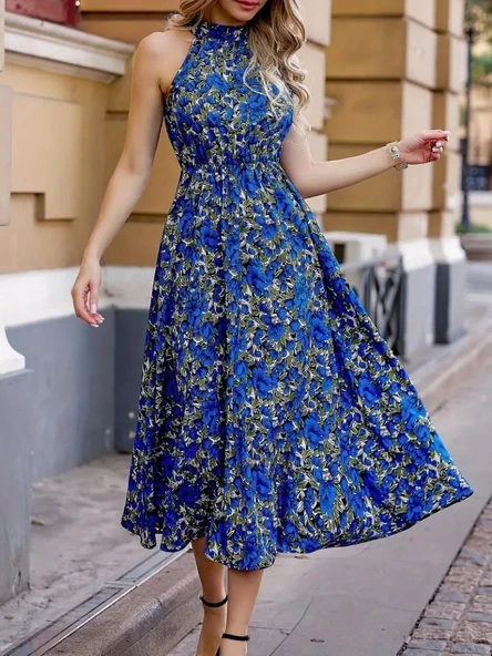 Kadın Omuzlardan Açık Daire Yaka Desenli Maxi Süprem Elbise ürün görseli