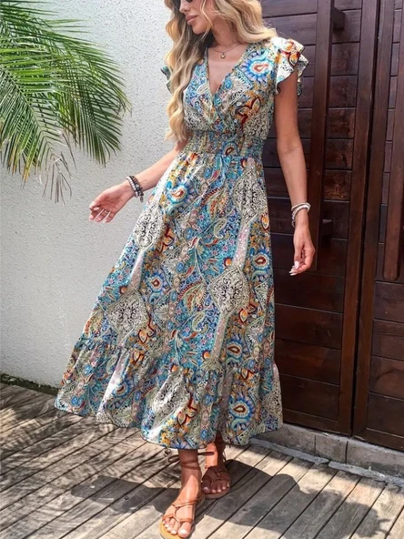 Kadın Kısa Kollu Kruvaze Yakalı Desenli Maxi Elbise - Resim 7