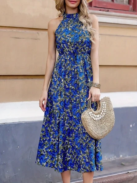 Kadın Omuzlardan Açık Daire Yaka Desenli Maxi Süprem Elbise - Resim 2