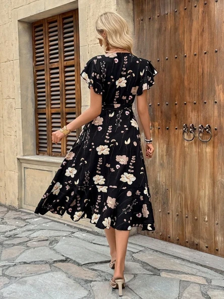 Kadın Kısa Kelebek Kollu Kruvaze Yakalı Belden Kuşaklı Midi Süprem Elbise - Resim 2