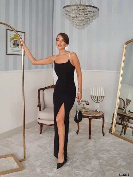 Kadın Omuz Askılı Derin Yırtmaç Detay Maxi Boy Elbise - Resim 10