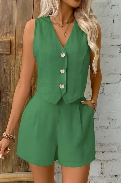 Kadın Kolsuz Askılı V Yakalı önden Düğmeli Ithal Keten Ceket Ve Short Ikili Takım - Resim 6