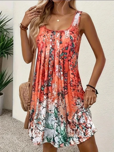 Kadın Sıfır Kollu Kare Yaka önden Pileli Salaş Süprem Elbise - Resim 7