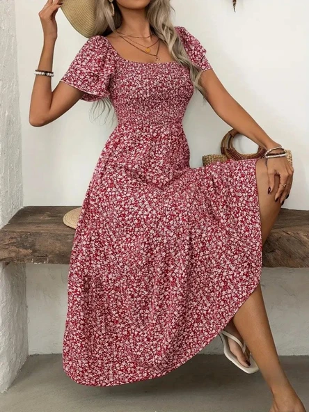 Kadın Kısa Kollu Gipe Detaylı Desenli Midi Süprem Elbise ürün görseli