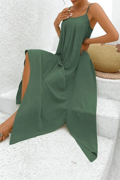 Kadın Ip Askılı V Yakalı Asimetrik Detaylı Aerobin Elbise ürün görseli