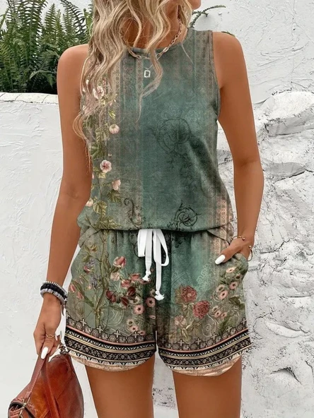 Kadın Askılı Yuvarlak Yaka çiçek Baskılı Süprme Bluz Ve Short Ikili Takım - Resim 7