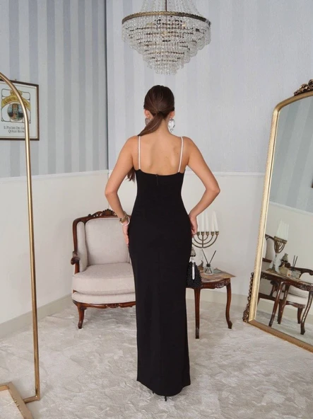 Kadın Omuz Askılı Derin Yırtmaç Detay Maxi Boy Elbise - Resim 16