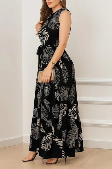 Kadın Sıfır Kok Bağcıklı Kemerli Etek Ucu Fırfırlı Desenli Süprem Elbise - Resim 6